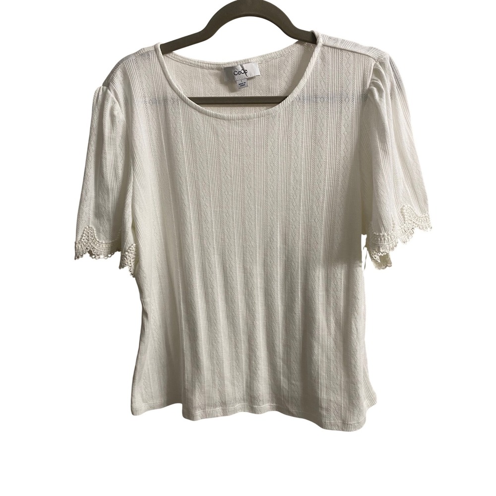 CeCe‎ New York Ivory Pointelle Knit Lace Trim Sh Sleeve Blouse Cotton Blend Sz L